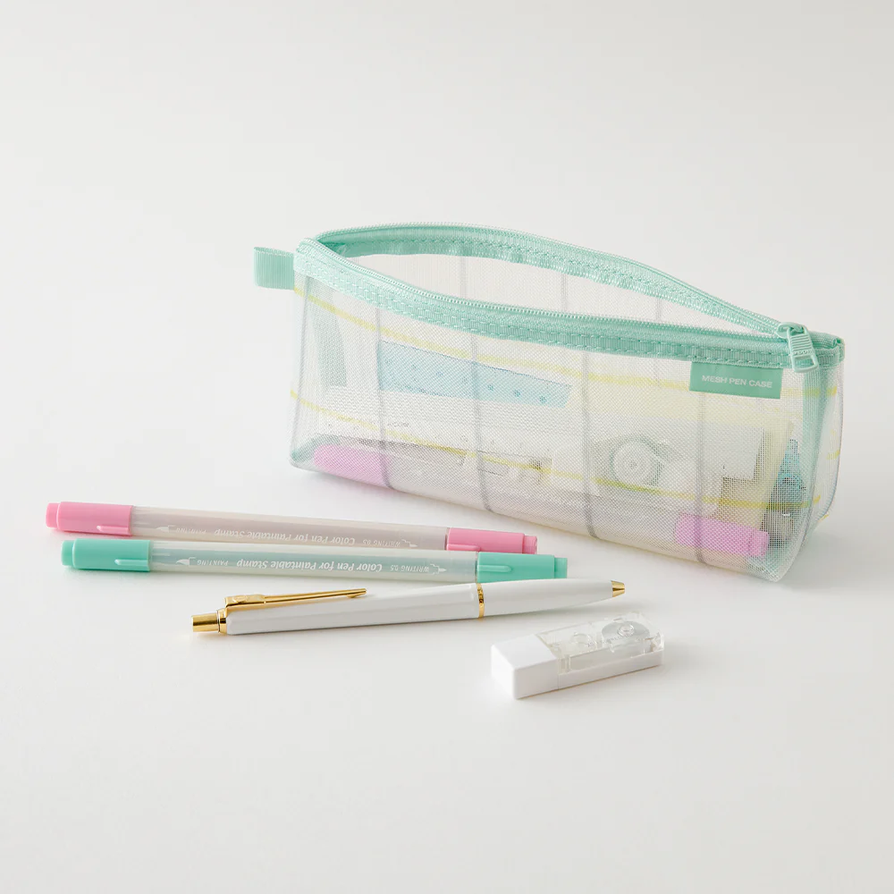 Midori Mesh Pen Case with Gusset - Check Green - Image 4